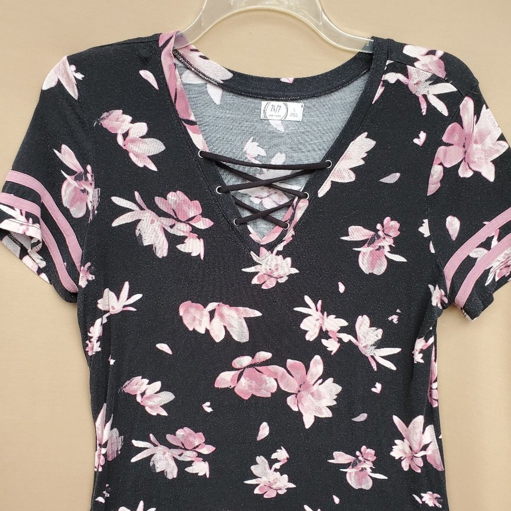Black with Pink Floral V-neck blouse